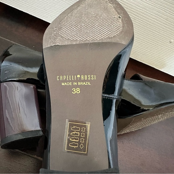 Size 8 Capelli Rossi Patent Leather Black and Burgundy Thick Chunky Heel Pump - Picture 10 of 10